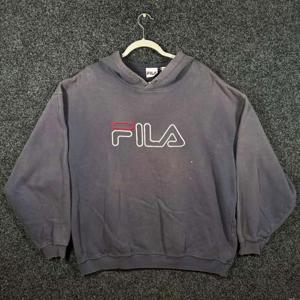 Vintage 90s FILA Hoodie XL Navy Blue Embroidered Logo Pullover Sweatshirt